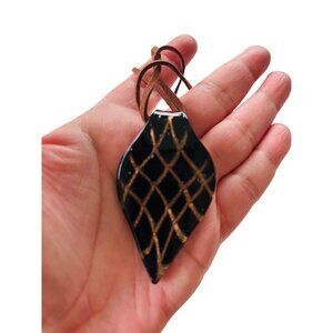 Handcrafted Glass Leaf Pendant Necklace With Brown Suede Cord Black & Gold